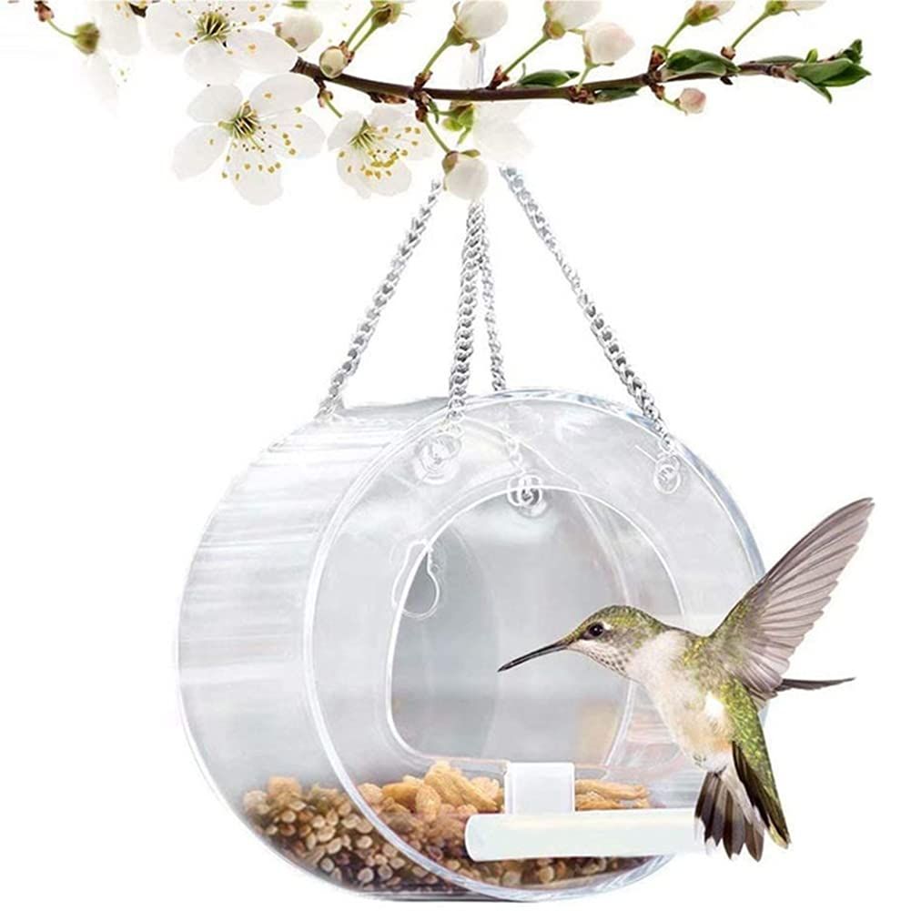 Round Acrylic Hanging Bird Feeder Bowl Transparent Food Cage for Small Birds Indoor Outdoor Feeding Rack for Canaries Parrots Finches
