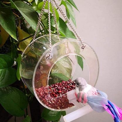Round Acrylic Hanging Bird Feeder Bowl Transparent Food Cage for Small Birds Indoor Outdoor Feeding Rack for Canaries Parrots Finches