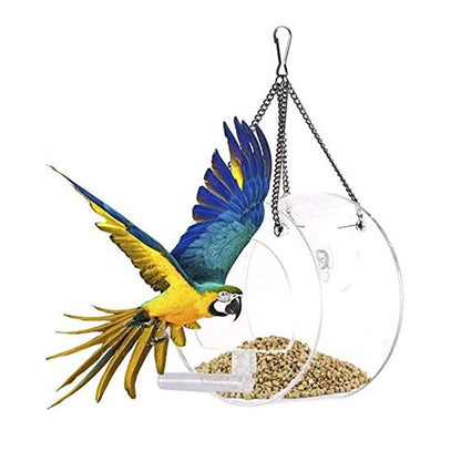 Round Acrylic Hanging Bird Feeder Bowl Transparent Food Cage for Small Birds Indoor Outdoor Feeding Rack for Canaries Parrots Finches