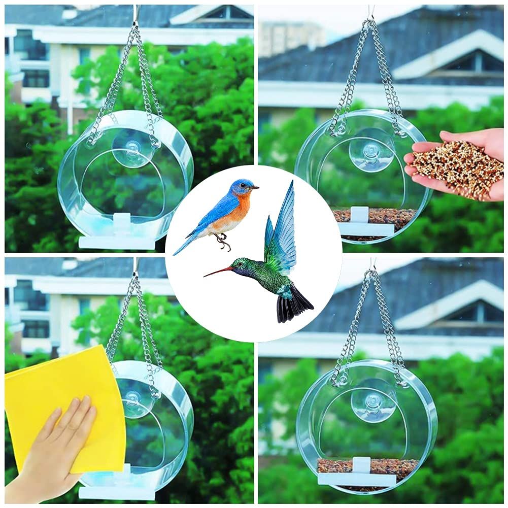 Round Acrylic Hanging Bird Feeder Bowl Transparent Food Cage for Small Birds Indoor Outdoor Feeding Rack for Canaries Parrots Finches
