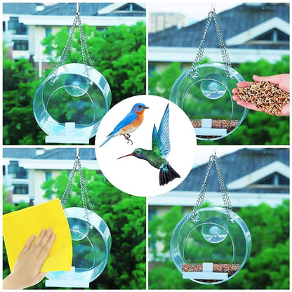 Round Acrylic Hanging Bird Feeder Bowl Transparent Food Cage for Small Birds Indoor Outdoor Feeding Rack for Canaries Parrots Finches