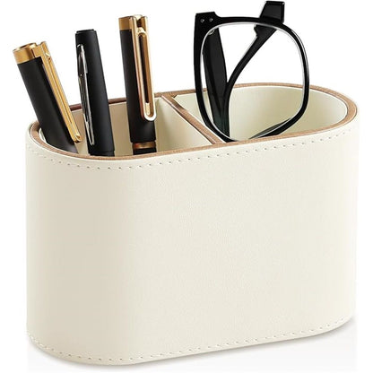 PU Leather Pen Holder for Desk, Small Remote Control Holder Pencil Cup Multifunctional Desktop Organizer Caddy for Home School Office Desk Accessories - 2 Compartments (Beige)