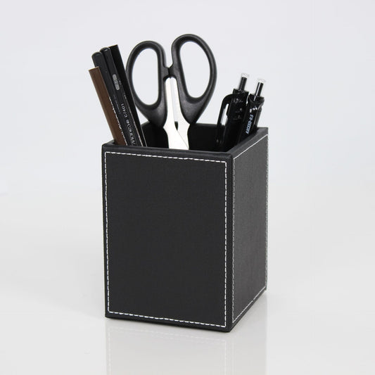 Square single pen holder office desktop storage box, solid color leather storage holder, creative and simple pen holder(black)