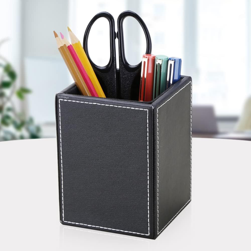 Square single pen holder office desktop storage box, solid color leather storage holder, creative and simple pen holder(black)