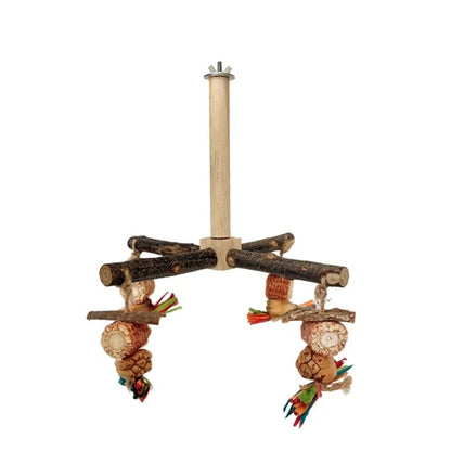 360° Rotating  with Natural Chew Toys - Spinning Bird Toys Cage Accessories- Parrot Wooden Stand for Small and Medium Birds （Bite string style）