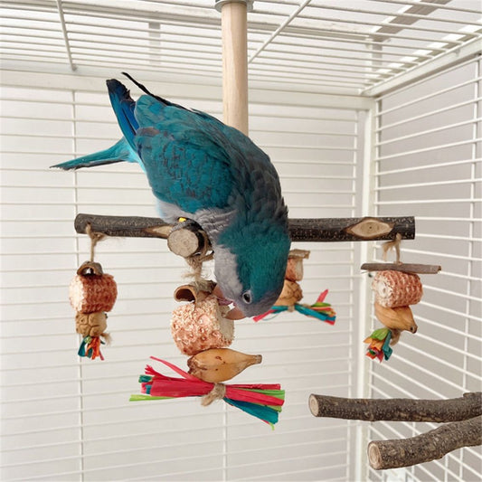 360° Rotating  with Natural Chew Toys - Spinning Bird Toys Cage Accessories- Parrot Wooden Stand for Small and Medium Birds （Bite string style）