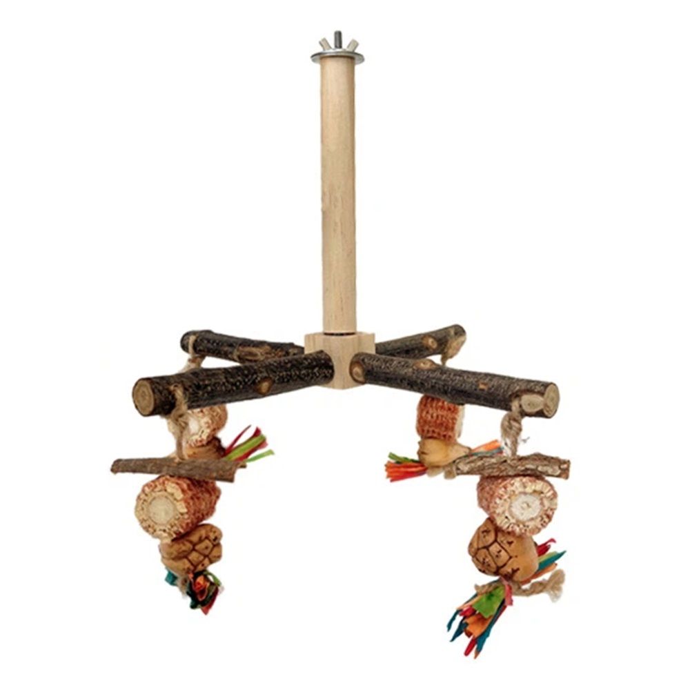360° Rotating  with Natural Chew Toys - Spinning Bird Toys Cage Accessories- Parrot Wooden Stand for Small and Medium Birds （Bite string style）