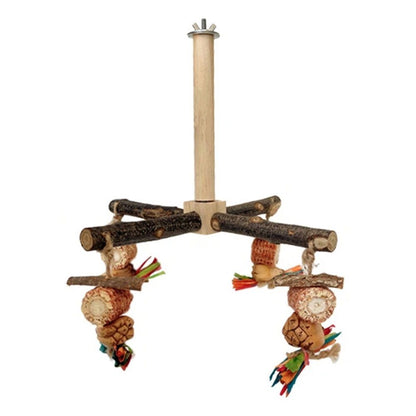 360° Rotating  with Natural Chew Toys - Spinning Bird Toys Cage Accessories- Parrot Wooden Stand for Small and Medium Birds （Bite string style）