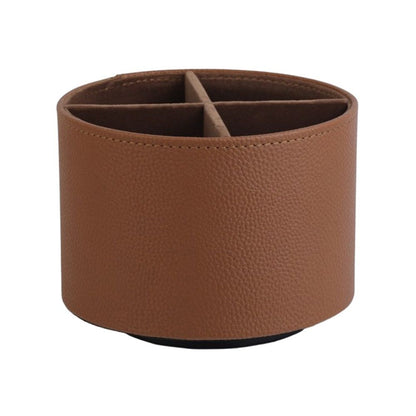 Round Leather Art Supply Organizer,Remote Control Holder,360 Degree Spinning,Multi-Functional Pencil Holder,4 Compartments Desktop Stationary Organizer（brown）