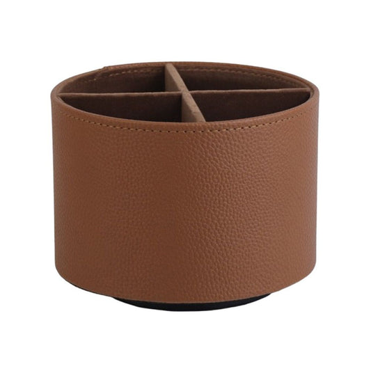 Round Leather Art Supply Organizer,Remote Control Holder,360 Degree Spinning,Multi-Functional Pencil Holder,4 Compartments Desktop Stationary Organizer（brown）
