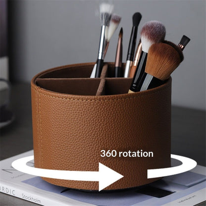 Round Leather Art Supply Organizer,Remote Control Holder,360 Degree Spinning,Multi-Functional Pencil Holder,4 Compartments Desktop Stationary Organizer（brown）