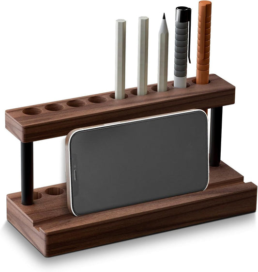 Pencil & Pen Holder for Desk, Solid Pen Display Stand with 9 Slots and Cell Phone Holder, Aesthetic Pen Organizer for Minimalist Office Desk Decor