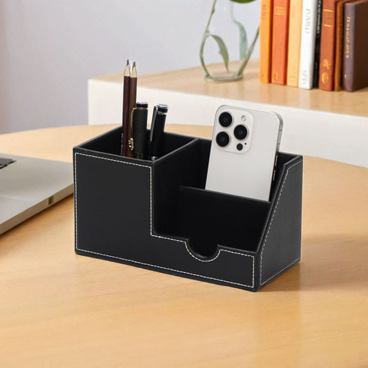 Desk Organizer Office Supplies Leather Multi-function Storage Box Pen/Pencil,Cell phone, Business Name Cards Remote Control Holder Black