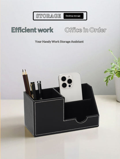 Desk Organizer Office Supplies Leather Multi-function Storage Box Pen/Pencil,Cell phone, Business Name Cards Remote Control Holder Black