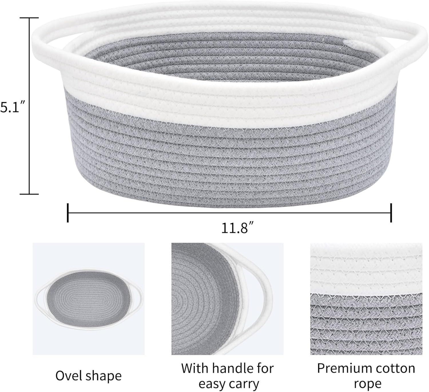 Rope Baskets for Gifts Empty, Decorative Storage Baskets for Nursery, Woven Gift Basket for Baby Shower, Dog Toy Basket with Handles for Living Room, - Grey+white