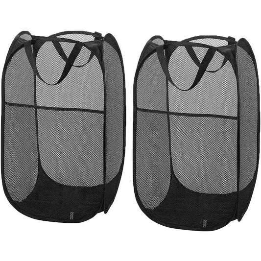 Popup Mesh Laundry Basket, Collapsible and Portable Clothes Washing Laundry Hamper with Reinforced Carry Handle (Black 2pcs)
