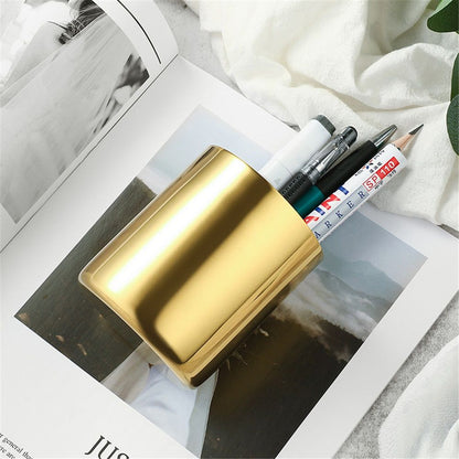 Desk Organizer Pen & Pencil Holder -, Gold Stainless Steel - Desk Supply Organizer with Gold Pen Cup, Makeup Brush Cup & Vanity Brush Holder