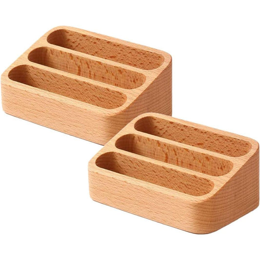 2pcs Beech Wood Business Card Holder for Desk, 3 Card Slots Business Card Display Holder Stand