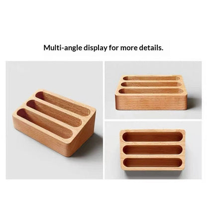 2pcs Beech Wood Business Card Holder for Desk, 3 Card Slots Business Card Display Holder Stand