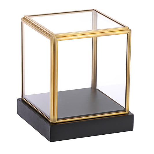 Glass Display Case for Collectibles Vintage Gold Display Box with Black Wood Base for Plants Action Figurine Models Clear Keepsake Box, Square, 3.3x3.3x3.6 Inch