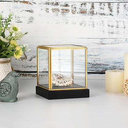 Glass Display Case for Collectibles Vintage Gold Display Box with Black Wood Base for Plants Action Figurine Models Clear Keepsake Box, Square, 3.3x3.3x3.6 Inch