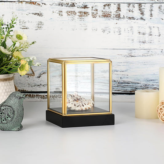 Glass Display Case for Collectibles Vintage Gold Display Box with Black Wood Base for Plants Action Figurine Models Clear Keepsake Box, Square, 3.3x3.3x3.6 Inch
