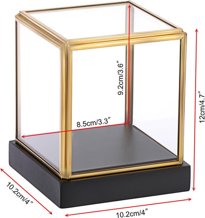 Glass Display Case for Collectibles Vintage Gold Display Box with Black Wood Base for Plants Action Figurine Models Clear Keepsake Box, Square, 3.3x3.3x3.6 Inch