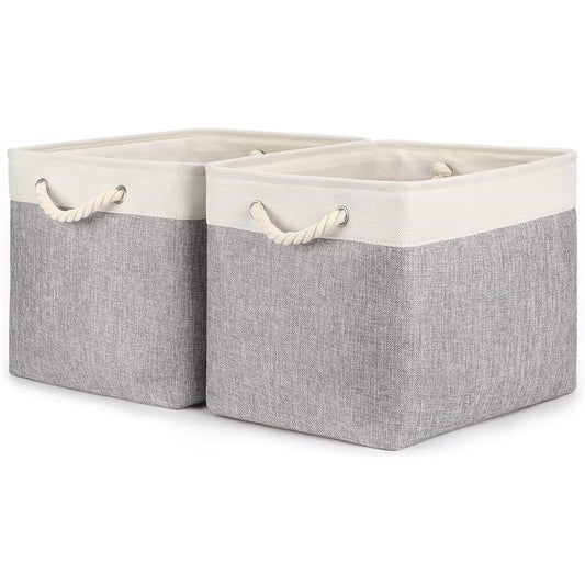 2pcs Cube Storage Bins 28*28*28cm Grey-Black Cube Storage Boxes Collapsible Large Cloth Organizer Baskets with Cotton Rops Handles for Storage Cubbies or Closet Shelf White + gray