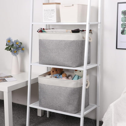 2pcs Cube Storage Bins 28*28*28cm Grey-Black Cube Storage Boxes Collapsible Large Cloth Organizer Baskets with Cotton Rops Handles for Storage Cubbies or Closet Shelf White + gray