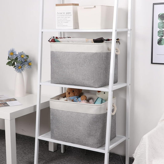 2pcs Cube Storage Bins 28*28*28cm Grey-Black Cube Storage Boxes Collapsible Large Cloth Organizer Baskets with Cotton Rops Handles for Storage Cubbies or Closet Shelf White + gray