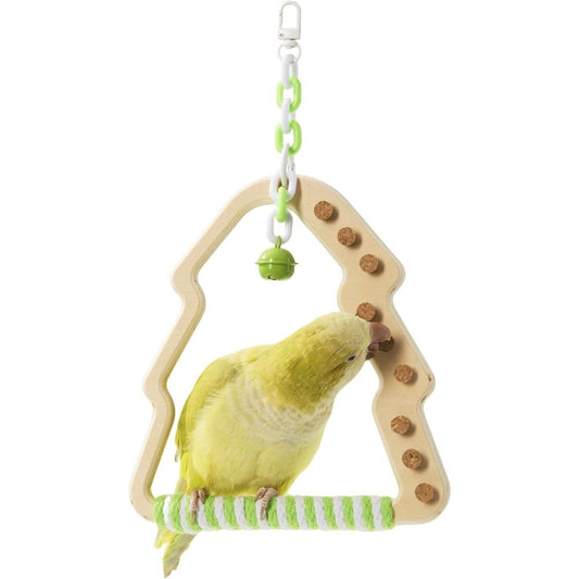 Natural Bird Swing - Tree-Shaped Parrot Perch with Bell and Cork Toys, Spinning Wooden Stand for Parakeets, Budgies, Lovebirds and Small/Medium Birds (White + Green)