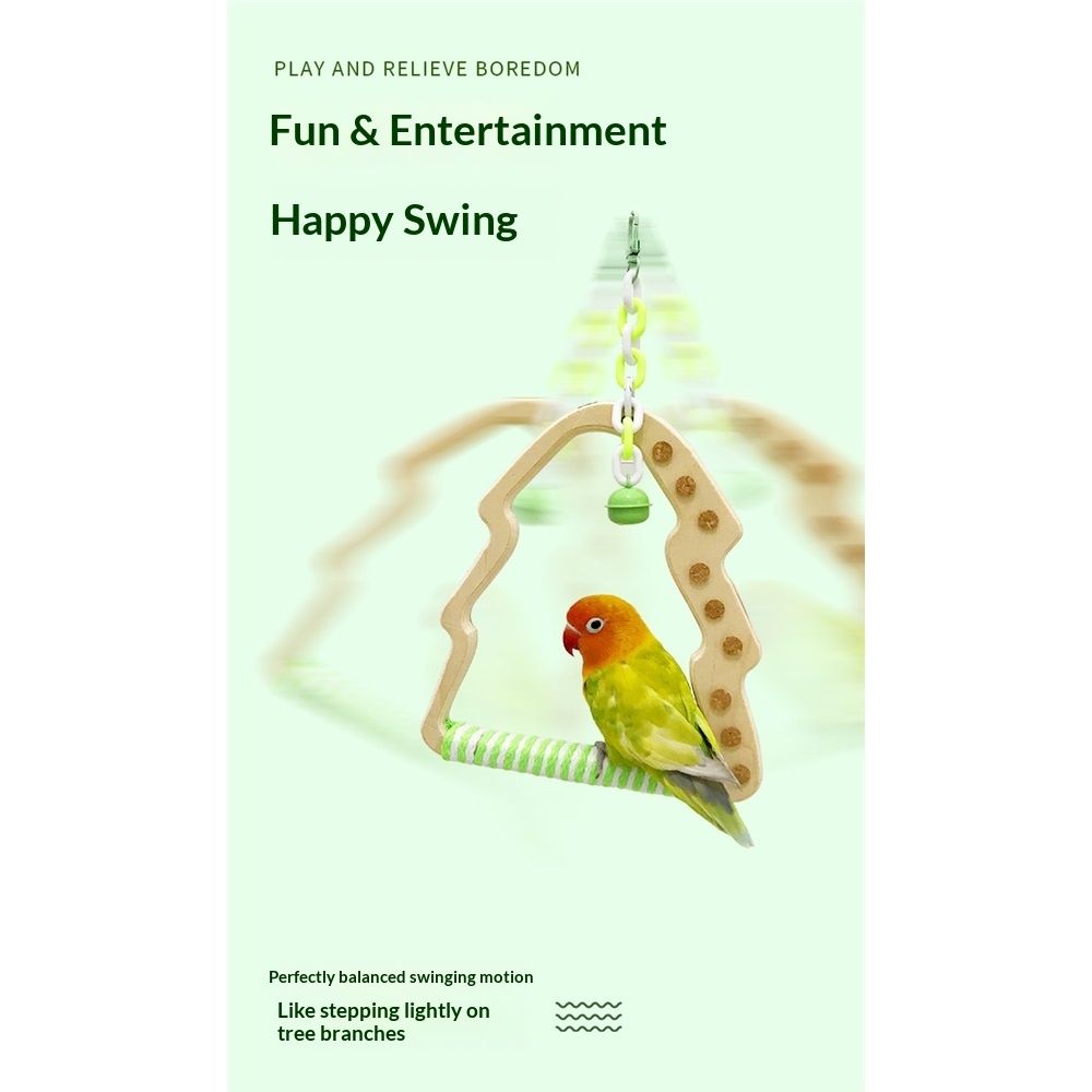 Natural Bird Swing - Tree-Shaped Parrot Perch with Bell and Cork Toys, Spinning Wooden Stand for Parakeets, Budgies, Lovebirds and Small/Medium Birds (White + Green)