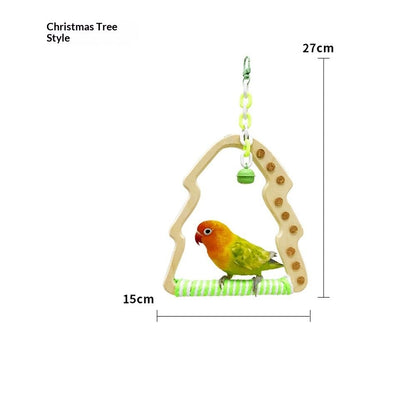 Natural Bird Swing - Tree-Shaped Parrot Perch with Bell and Cork Toys, Spinning Wooden Stand for Parakeets, Budgies, Lovebirds and Small/Medium Birds (White + Green)