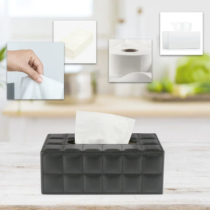 PU Leather Tissue Box Holder Business Black, Rectangular Napkin Holder Drawer Paper Dispenser, Home Office Car Tissue Holder with Magnetic Bottom (Black)