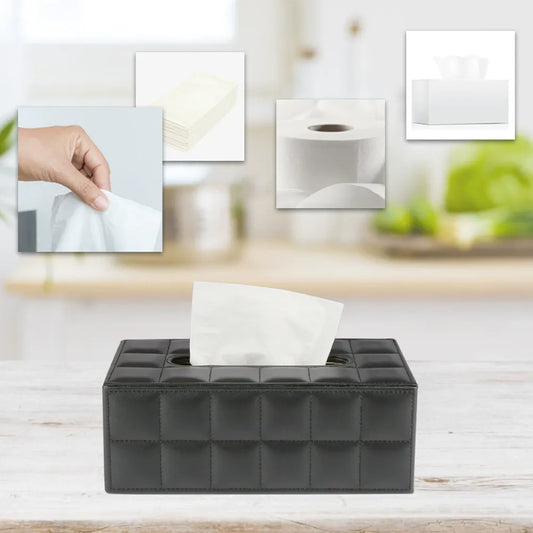 PU Leather Tissue Box Holder Business Black, Rectangular Napkin Holder Drawer Paper Dispenser, Home Office Car Tissue Holder with Magnetic Bottom (Black)