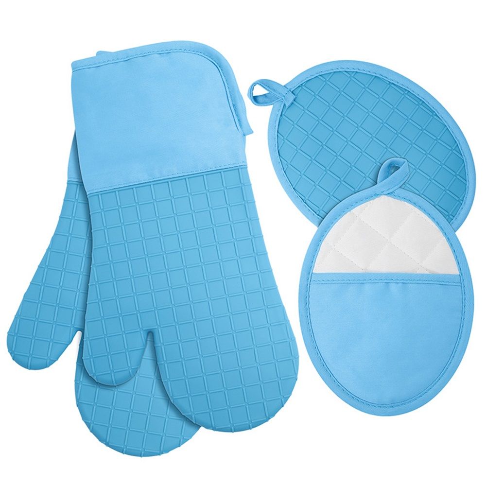 Oven Mitts and Pot Holders 4 Sets, Heat Resistant 500 ℉ Oven Mitt and Pot Holder, Long Oven Mitts with Recycled Cotton Infill and Silicone Non-Slip Surface (Blue)