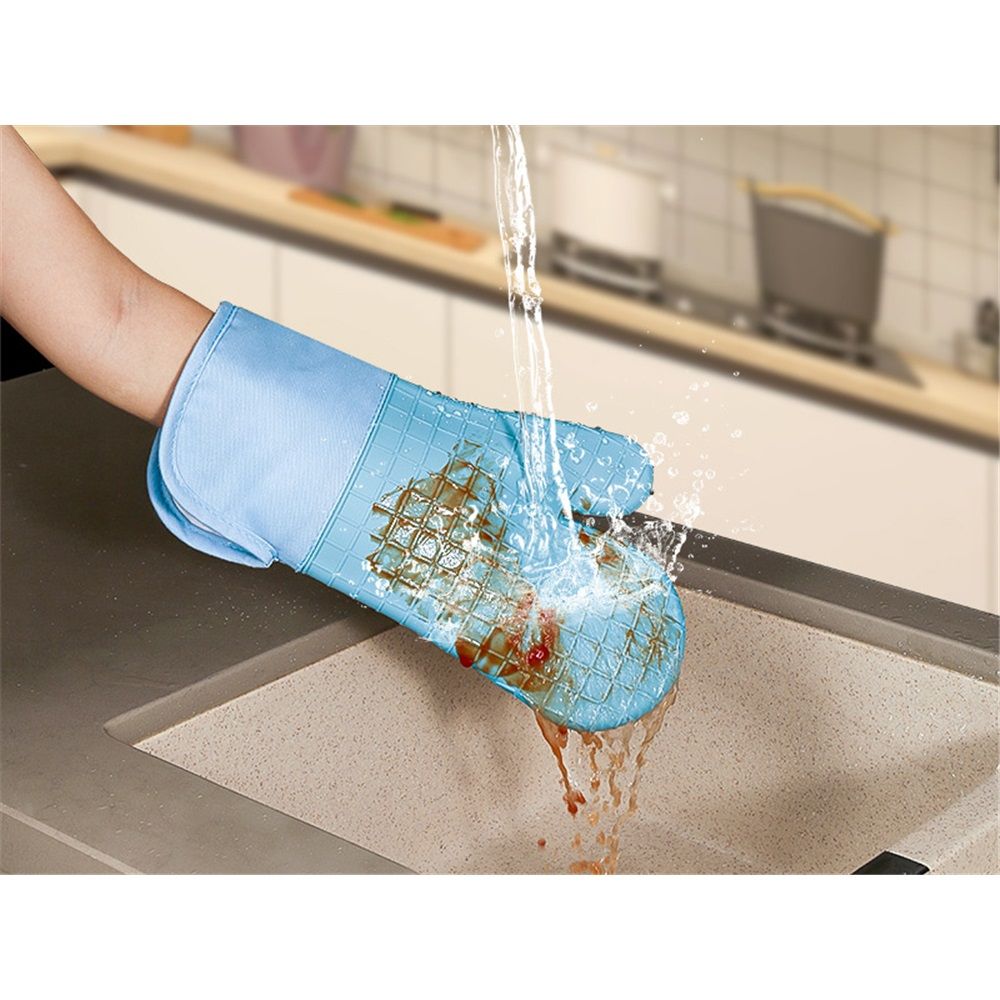 Oven Mitts and Pot Holders 4 Sets, Heat Resistant 500 ℉ Oven Mitt and Pot Holder, Long Oven Mitts with Recycled Cotton Infill and Silicone Non-Slip Surface (Blue)