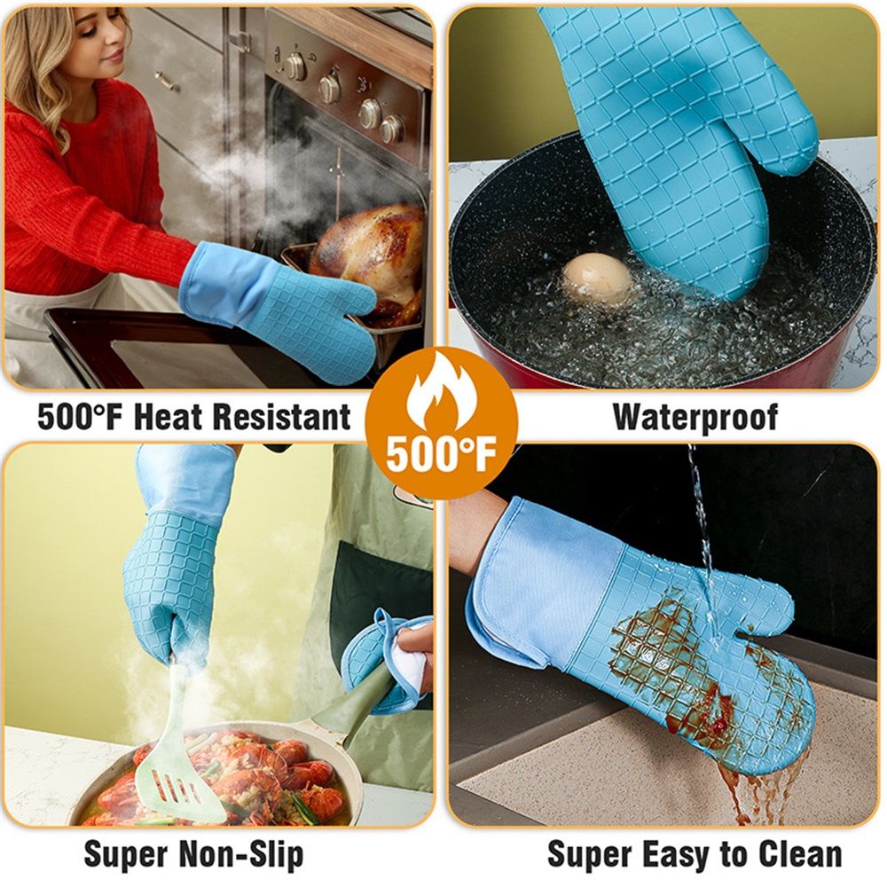 Oven Mitts and Pot Holders 4 Sets, Heat Resistant 500 ℉ Oven Mitt and Pot Holder, Long Oven Mitts with Recycled Cotton Infill and Silicone Non-Slip Surface (Blue)