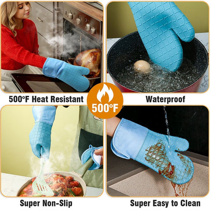 Oven Mitts and Pot Holders 4 Sets, Heat Resistant 500 ℉ Oven Mitt and Pot Holder, Long Oven Mitts with Recycled Cotton Infill and Silicone Non-Slip Surface (Blue)