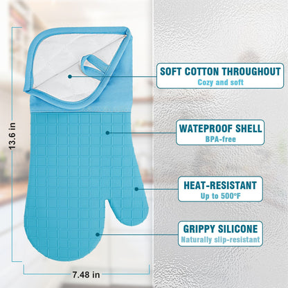 Oven Mitts and Pot Holders 4 Sets, Heat Resistant 500 ℉ Oven Mitt and Pot Holder, Long Oven Mitts with Recycled Cotton Infill and Silicone Non-Slip Surface (Blue)