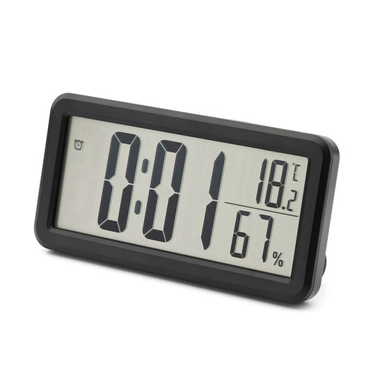 Digital Alarm Clock, Portable Black LCD with Temperature & Humidity Display, Wall Mountable, Ideal for Dorm or Desktop Use