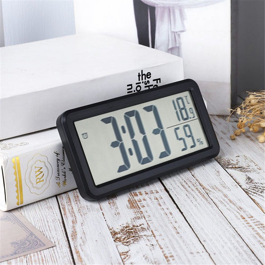 Digital Alarm Clock, Portable Black LCD with Temperature & Humidity Display, Wall Mountable, Ideal for Dorm or Desktop Use
