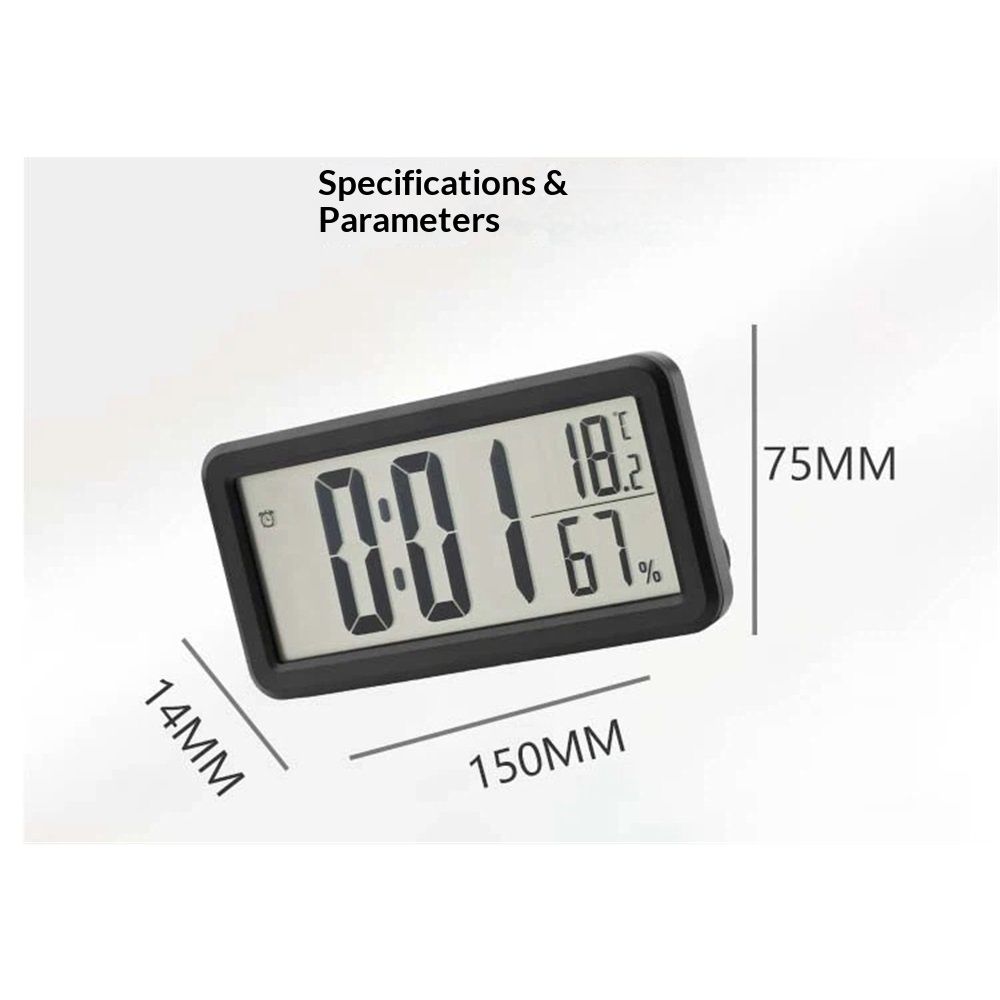 Digital Alarm Clock, Portable Black LCD with Temperature & Humidity Display, Wall Mountable, Ideal for Dorm or Desktop Use