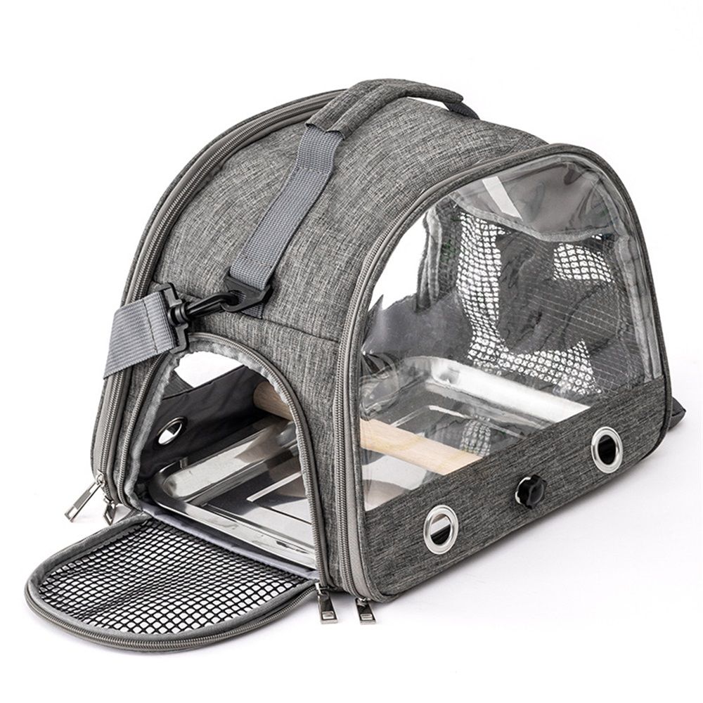 Bird Travel Carrier with Stand Perch and Stainless Tray,Portable Small Bird  Cockatiel Carrier for Hiking, (Grey)