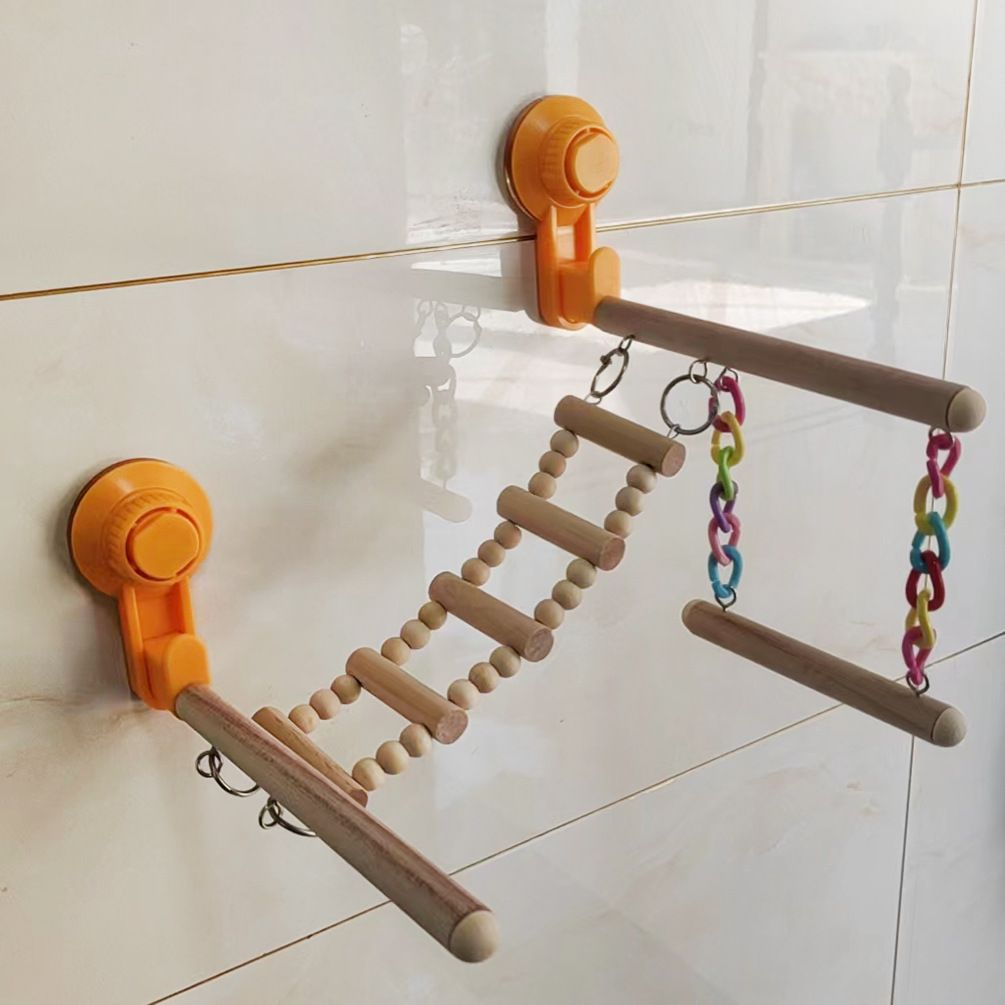 Wood Window Bird Perch Toy with Suction Cup, Climbing Ramp Ladder Platform, Enrichment Accessories Stuff for Parrot, Parakeet, Budgie, Cockatiel