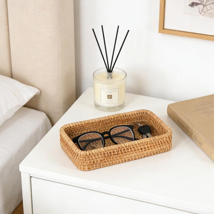 Small Rattan Serving Tray, Natural Wicker Decorative Tray Handwoven for Keys Trinkets Rings Cosmetics, Decorative Jewelry Perfume Tray for Coffee Table Entryway Living Room(Small)