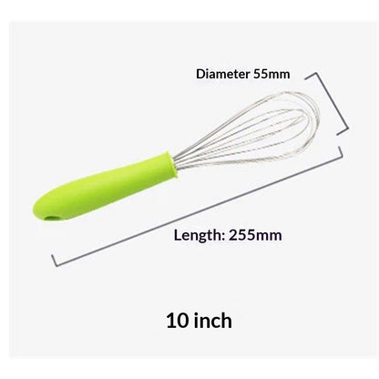 Stainless steel manual egg beater with silicone handle, egg white and cream whisk, household and commercial baking tools, mixer（Green P-handle egg beater 10 inches）