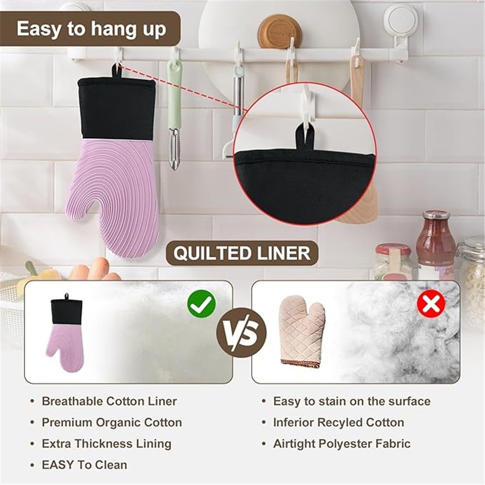A pair of Silicone Oven Mitts- Extended Oven Mitts Heat Resistant , Oven Gloves with Soft Liner Good  to Clean Flexible-Oven Mits Set for Cooking Baking Grilling BBQ（Flat threaded gloves purple）