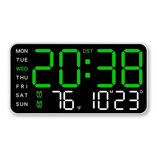 Large Digital Wall Clock, Led Alarm Clock with Big Digits, Date, Temperature, DST, Modern Decor Design for Desk,Brightness for Room, Bedroom, Gift, Yougster and Elderly(White shell green light)