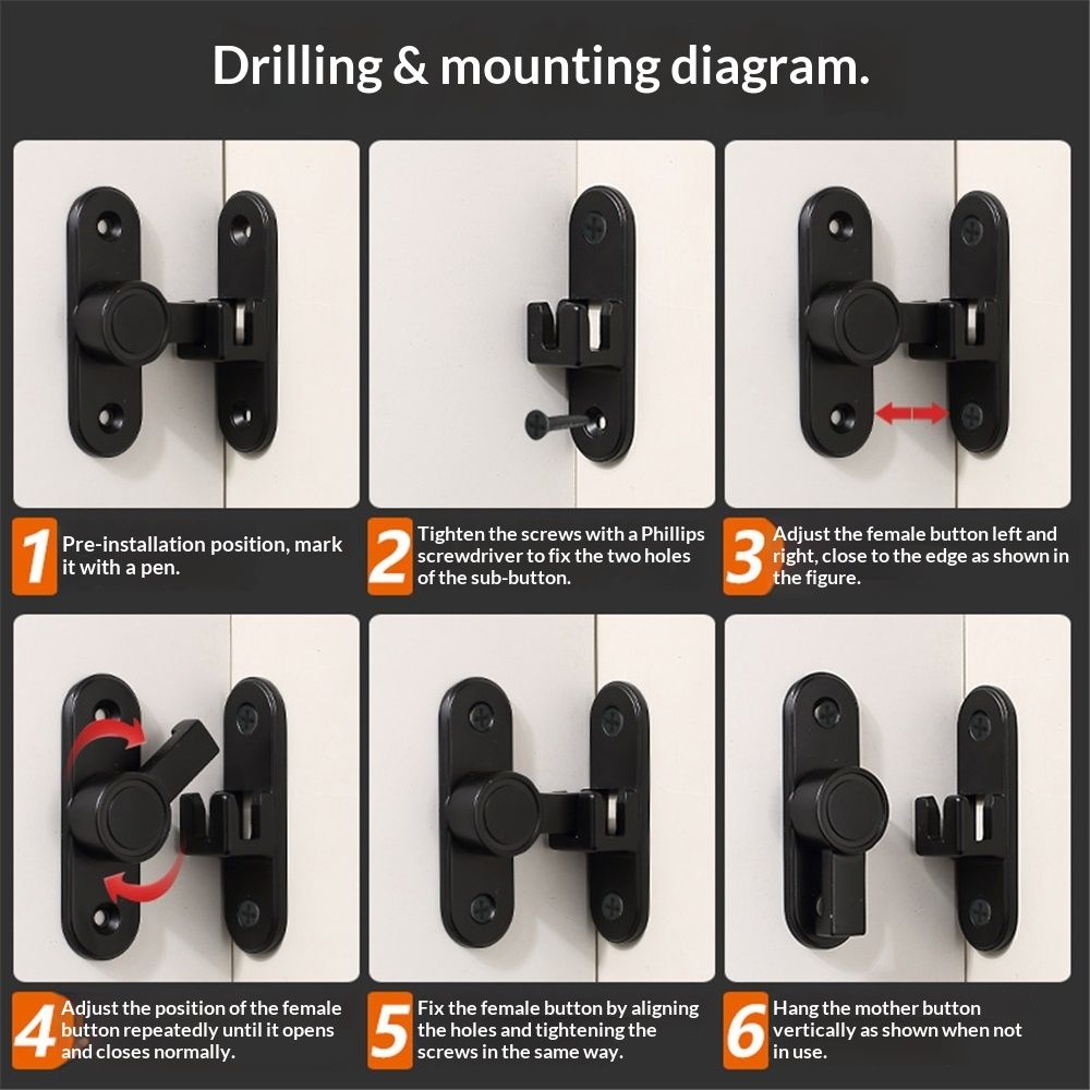 Barn Door Locks, 90/180 Degree Right Angle Flip Gate Latch Fit for Bedroom, Garden, Cabinet - Sturdy and Secure Sliding Barn Door Lock (Black-2 Pcs)